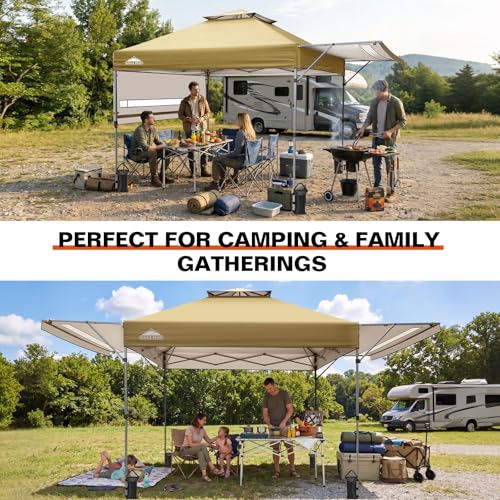 EAGLE PEAK 17x10 Pop up Gazebo Canopy Tent Outdoor Instant Canopy Shelter with Adjustable Dual Half Awnings (Beige) - color: Beige