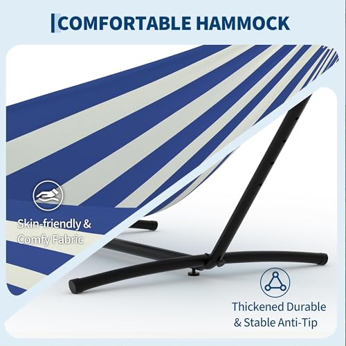 TrailBlaze Double Hammock with Steel Stand - 2 Person Outdoor & Indoor Space-Saving Patio Hammock - Heavy-Duty, 450 lbs Capacity, Easy Setup for Backyard, Garden, Camping - Blue and White Stripes - color: Blue White Stripes