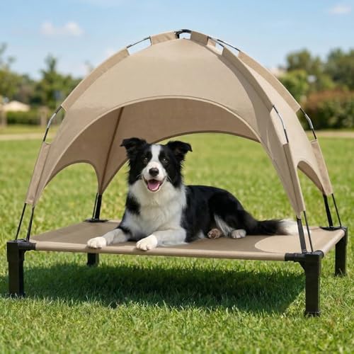 Elevated Dog Bed with Canopy Raised Pet Cot for Large Dogs, Outdoor Dog Cot with Removable Sun Shade Tent, Breathable Mesh Portable Dogs Cot for Camping, Beach, Backyard, Outdoor Use - color: Beige, size: 42.1"L x 31"W x 37"H