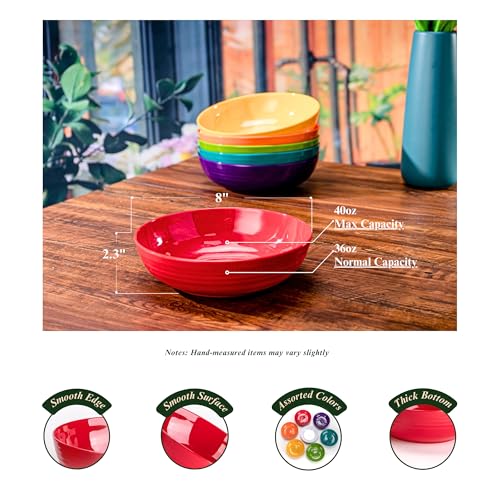 8-Inch Melamine Salad & Pasta Bowls - Set of 6, Unbreakable & Reusable with Ceramic Feel, Stackable & Dishwasher-Safe Platic Dinner Bowls, Versatile for All Meals (Multi-color) - color: Multicolor