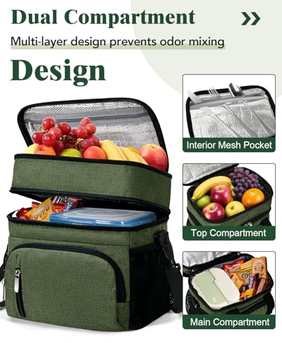 Insulated Lunch Bag for Men & Women, Double Leakproof Lunch Box Soft Cooler Tote with 5 Pockets, 600D Oxford, EVA Lining, Adjustable Strap for Work, Picnic, Beach&Travel-Army Green - color: Army Green, size: Double