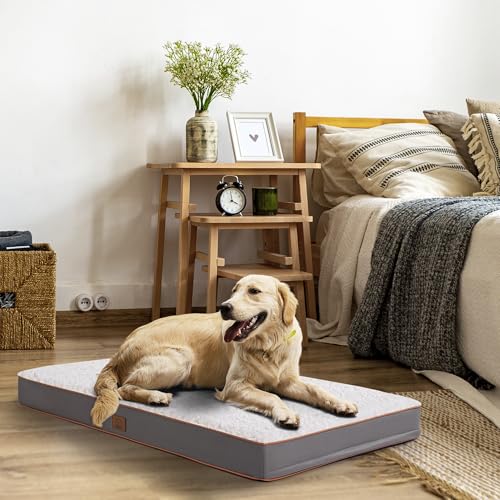 Orthopedic Dog Bed for Large Dogs - Big Waterproof Dog Crate Bed with Removable Washable Cover, Egg Crate Foam Support, Anti-Slip Bottom, Deluxe Plush Pet Bed Mat (Light Grey) - color: Light Grey, size: 35.0"L x 22.0"W x 3.0"Th