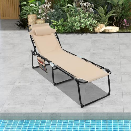 GYMAX Lounge Chairs for Outside, Extra High Folding Beach Tanning Lounger with Adjustable Backrest, Footrest & Removable Pillow, Sunbath Lounge for Patio, Lawn, Poolside (1, Beige with Pocket) - color: Beige With Pocket