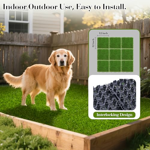 XLX TURF Interlocking Fake Grass Pad for Dogs Potty Tiles - 9 Pack 12" X 12" Square Artificial Grass Pee Mat for Puppy Tray Self Draining Indoor Outdoor Use