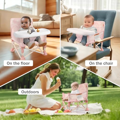 Tiny Marvels 3-in-1 Portable Baby Chair, Foldable Booster Seat with Removable Tray, Safety Harness & Carry Bag for Dining, Travel, Camping, Beach, 6M-3Y (Blush Bloom) - color: Blush Bloom