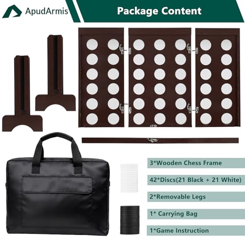 ApudArmis Wooden 4 in a Row Game, Classic Wooden 4-to-Score Game Set with Coins & Carrying Bag-Indoor Outdoor Games for Adults Family