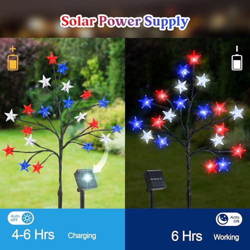 Lewondr 4th of July Decorations Solar Garden Lights, Outdoor Red Blue White Star Solar Lights, Waterproof Patriotic Decor with 20 LED 2 Lighting Modes for Independence Day Memorial Day, 4 Pack - size: 4 Pack, style: Red White Blue Stars