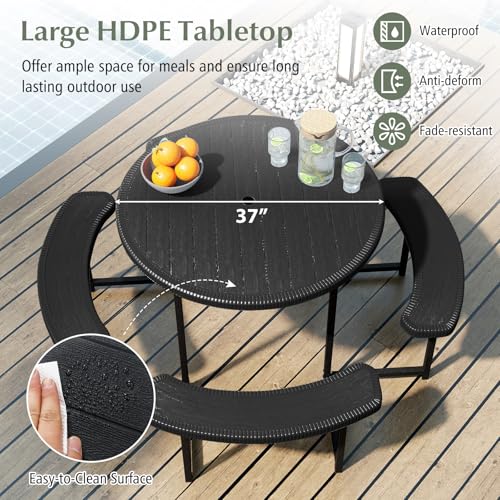 Byroce 8-Person Picnic Table for Outdoors, HDPE Picnic Table Set with 4 Benches, Umbrella Hole & Metal Frame, Heavy Duty Round Dining Table Chairs for BBQ Party in Patio, Yard & Poolside (Black) - color: Black