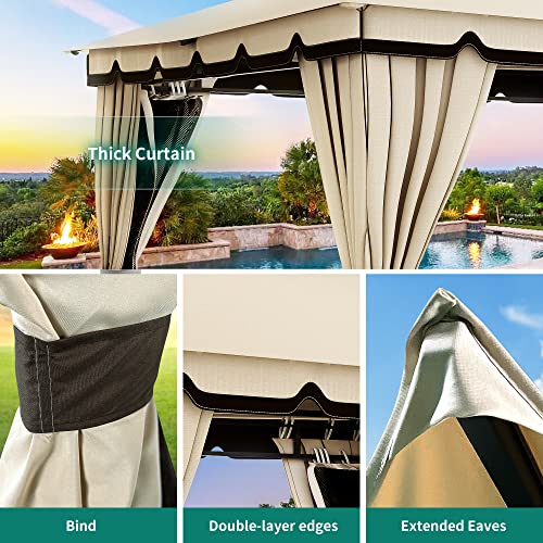 YITAHOME 10x12FT Patio Gazebo Event Shelters Outdoor Double Roof Canopy Gazebo w/Netting & Curtains, Soft Fabric Top Garden Winds Tent with Steel Frame Privacy Screens for Backyard, Garden, Lawn