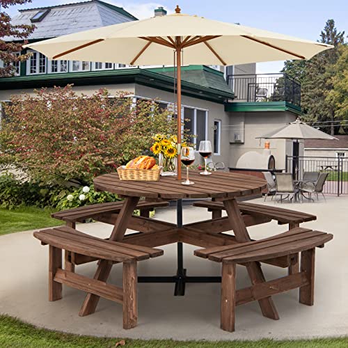 Giantex Wooden Picnic Table Set with Wood Bench, 4 Adults or 8 Kids Outdoor Round Table with Umbrella Hold Design, Perfect for Outdoor Garden Yard Pub Beer Dining, Dark Brown - size: 70.5"L×70.5" W×27.5" H