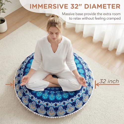 Codi Meditation Floor Pillow Set of 2, Round Large Pillows Seating for Adults, Bohemian Mandala Circle Cushion for Outdoor Fireplace Yoga Living Room, 32 Inch, Memory Foam Added, Navy - color: Round | Navy, size: 2 Count (Pack of 1)