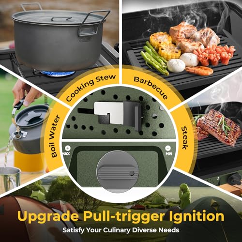 Camping Stove, 2 Burner Propane Stove With Grill,17,000 BTU Camp Stove, Foldable Camping Stove Propane Includes Carry Bag,Windscreen & Grill,Adjustable Burners & Piezo Ignition for Tailgating,BBQ,Camp - color: Green
