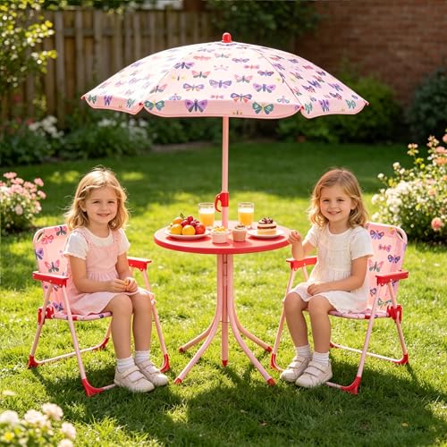 KOTEK Kids Picnic Table with Umbrella, Outdoor Table & 2 Folding Chairs, Cute Pattern Children’s Patio Furniture, Portable Kids Table and Chair Set for Backyard, Garden, Beach (Pink Butterfly) - color: Pink Butterfly