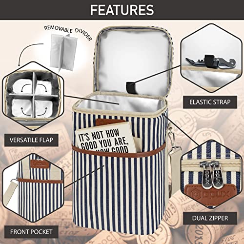 Opux 4 Bottle Insulated Wine Cooler Bag - Portable, Leakproof Padded Carrier for Travel, Picnic, BYOB - Navy White Stripe - color: Stripe Navy, size: 4 Bottle