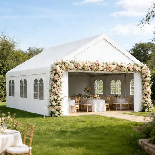 Carport 20x20 Party Tent Heavy Duty Canopy Waterproof Outdoor Storage Shelter Portable Garage w/Removable Sidewall Windows Canopy Tent for Wedding Event Backyard Barbecues Parties, White - size: 20x20 FT