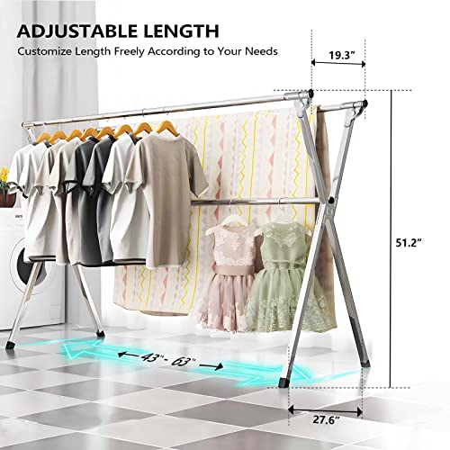 URYAN 63 Inches Clothes Drying Rack, Heavy Duty Stainless Steel Laundry Drying Rack Folding Indoor Outdoor, Portable Drying Rack Clothing, Free-Standing Laundry Stand with 20 Windproof Hooks - size: 63"