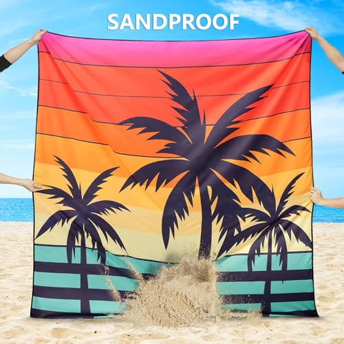 HIHOHO Beach Blanket Waterproof Sandproof Extra Large Beach Mat 79" X 83"/120"x108"for 1-8 Adults Quick Drying Durable Outdoor Picnic Mat for Beach Travel Camping Hiking - color: Coconut Tree-striped Sunrise, size: 79" X 83"（1~3 person）