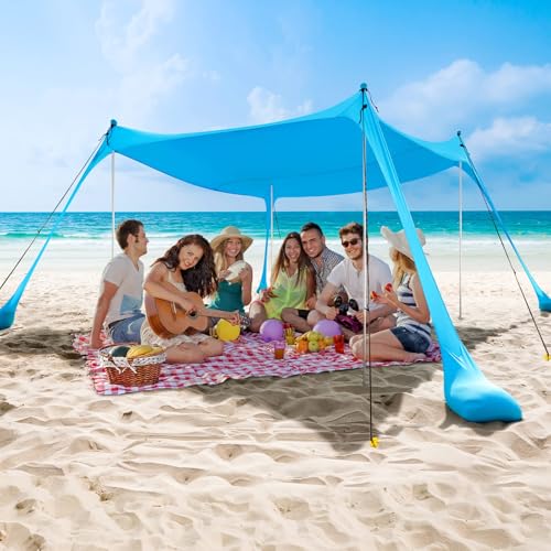 COMMOUDS Beach Tent Sun Shelter - UPF50+ Pop Up Beach Canopy with Sandbags & Sand Shovel & Windproof Poles, Portable Sun Shade for Beach, Camping, Picnics, Backyard - color: Sky Blue, size: 12 x 12 FT 4 Pole