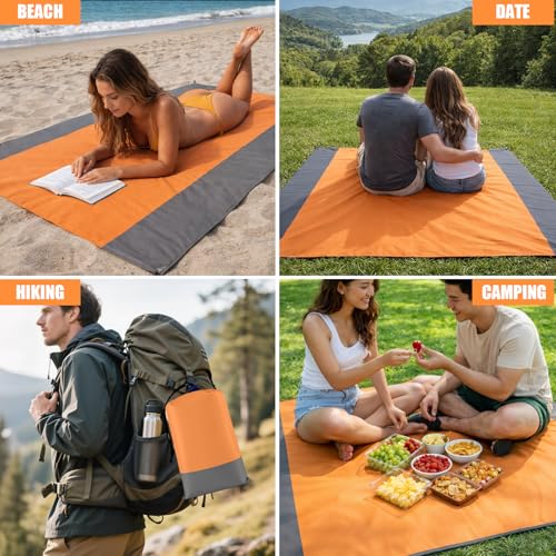 Waterproof Outdoor Mat Sandproof Blanket Lightweight Camping Ground Cover for Family Travel Relaxing Picnic Use 1 Pcs(Grey Orange) - color: Grey Orange