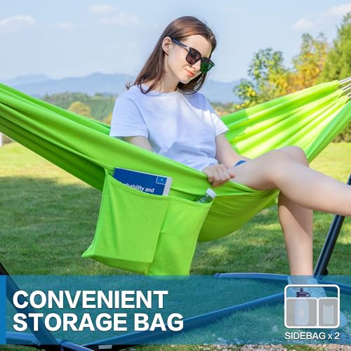 PNAEUT Double Hammocks with Stand for Outside, Portable Space Saving Heavy-Duty Steel Stand for Indoor Outdoor Patio with Carrying Bag, 450 lbs Capacity (Green) - color: Green