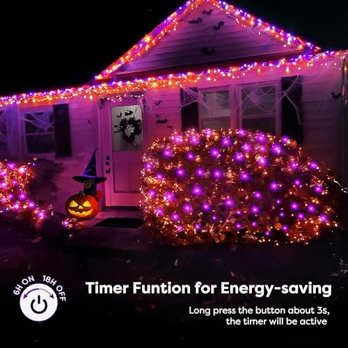 BlcTec Halloween Lights Outdoor 360 LED 9.8ft x 6.6 Orange Purple Halloween Mesh Lights with 8 Modes, Timer, Connectable, Waterproof and Green Wire Design for Lawn, Bushes Outdoor Holiday Decorations - color: Orange Purple, size: 360LED
