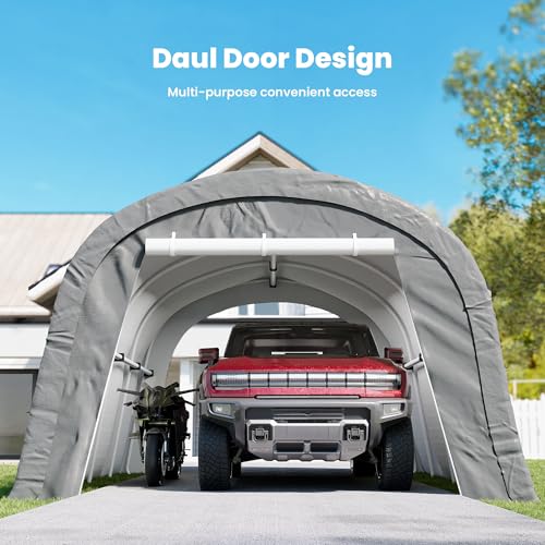 COSIEST 13'×20' Storage Shelter Outdoor Round Carport, Heavy-Duty Garage Canopy with Dual Roll-Up Doors Weatherproof PE Cover, Multi-Purpose Vehicle/Tractor Shed for Backyard/Driveway/Farm(Gray) - color: Gray, size: 13x20 FT