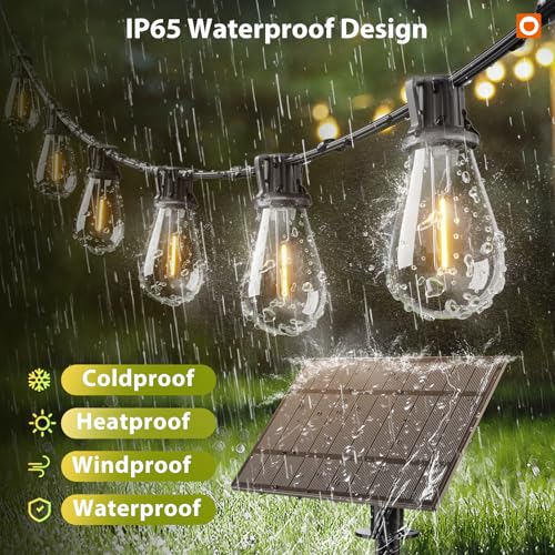 addlon 54FT(48FT+6) Solar String Lights Outdoor Waterproof with USB Port & Remote Control Solar Patio Lights for Outside Solar Powered with 16 LED Dimmable Bulbs for Porch Garden Deck Halloween - size: 48+6FT(15 Sockets）