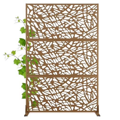 Modern Metal Privacy Screen, Patio Outdoor Privacy Panels with Stand, Freestanding Outdoor Divider for Yard, Deck＆Garden(71.3"*47.3"*15.7") - color: Brown,Leaf Vein