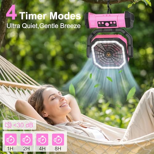 Honesorn Portable Fan Rechargeable 20000mAh, Camping Fan with LED Light & Remote, USB C Cordless Battery Powered, 4 Speeds Timer Hanging Hook for Travel Tent Outdoor Essentials - Pink - color: Pink