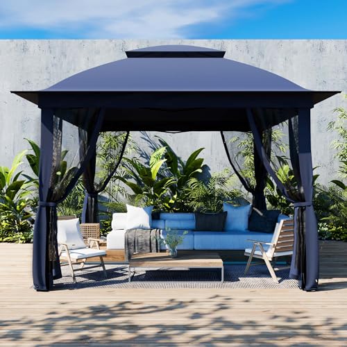 11'X11' Gazebo Pop Up with 4 Sidewalls Mosquito Netting, Heavy Duty Patio Gazebo Canopy Tent with Double Air Roofs for Backyards, Patios, Decks, Gardens, Parks - color: Dark Blue Top