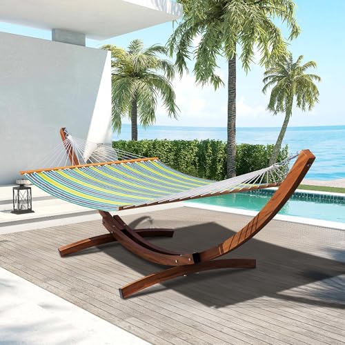 Lazy Daze Hammocks 12 FT 2 Person Double Quick Dry Textilene Hammock with Curved Steel Heavy Duty Stand for Outside, Backyard, Patio, 450 Lbs Capacity, Green Stripes - color: Green Stripes