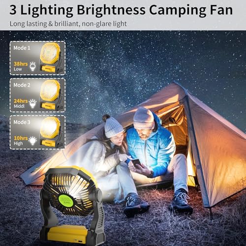 Portable Camping Fan Cordless Battery Powered，270° Rotating Portable Battery Operated Rechargeable Fans, 360° Hanging Hook, USB Personal Outdoor Camping Fans for Tents,Travel X23 Yellow - color: Yellow