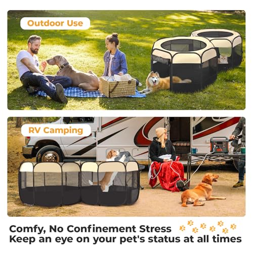 EighteenTek® 2-in-1 Pop Up Cat Playpen, Assembly-Free Dog Puppy Pet Playpen, Indoor Outdoor Cats Enclosed, Cat Tent House Crate Cage, Portable & Foldable Playpen for Kittens(No Divider, Unified Space) - color: Beige, size: S, 55.2"L x 27.6"W x 17"H