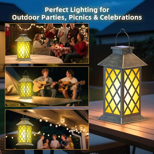 2 Pack 13" Solar Lanterns with Flickering Flame Candle, Outdoor Waterproof Hanging Lantern Lights Metal & Glass for Patio, Pathway, Garden Decorative, Gifts for Mom - style: Bronze-Cross01