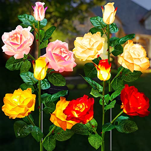 Brightown Outdoor Solar Garden Lights - 4 Pack LED Flower Lights with Realistic Rose, Bigger Solar Panel, Waterproof for Yard & Patio Decorations - color: Rose