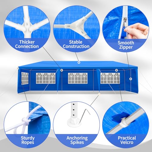 10x30ft Outdoor Party Tent,Waterproof Canopy Patio Wedding Gazebo,Commercial Heavy Duty Large Party Tents,Folding Gazebo Canopy Tent,with 8 Removable Sidewalls,for Yard Event Deck Parties (Blue)