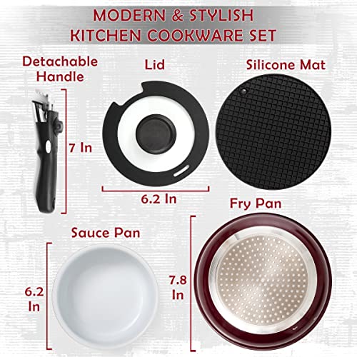 Moss & Stone Aluminum Pots And Pans Set Nonstick, Removable Handle Cookware, Stackable Pots And Pans Set, Dishwasher safe, Induction Pots And Pans, Camping Cookware Set (5 Pcs Burgandy) - size: 5 Pcs Burgandy