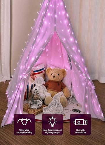 Brightown 300 LED Pink Fairy Curtain Lights, 9.8ft x 9.8ft String Lights, USB Plug in 8 Lighting Modes Christmas String Hanging Lights with Remote for Bedroom Indoor Outdoor Party Xmas Pink 1 Pack - color: Pink, size: 1 Pack-300 LED