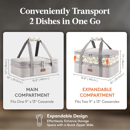 Lifewit Insulated Double Decker Casserole Carrier, Expandable Lasagna Lugger Tote Bag for Hot or Cold Food, Fits 9" x 13" Baking Dish for Potluck Parties, Picnic and Cookouts, Grey-Flowers - color: Grey-Flowers