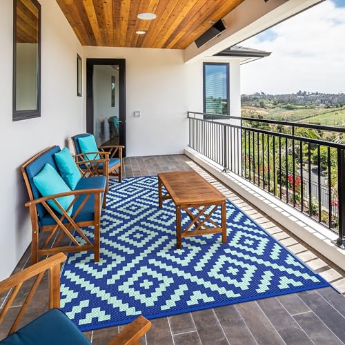 GENIMO Outdoor Rug for Patio Clearance, 6'x9' Waterproof Camping Mat, Reversible Plastic Straw Rugs for RV, Camper, Balcony, Backyard, Picnic, Deck (Royal Blue & Blue Green) - color: Royalblue&bluegreen, size: 6' x 9' (Rectangular)