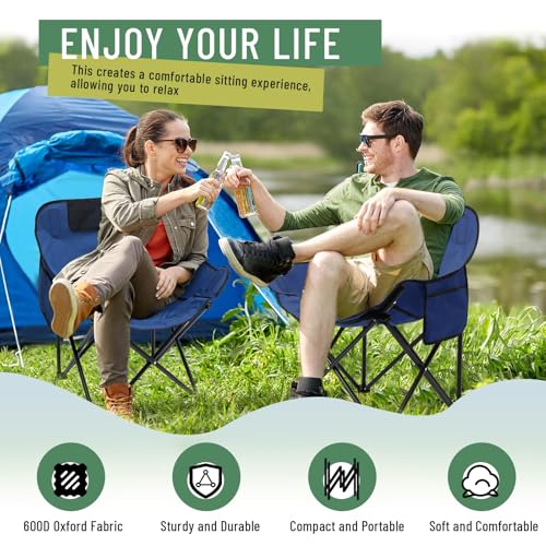 2 Pack Compact Camping Chairs Portable Folding for Outside with Carry Bag Lightweight Moon Chairs for Travel Picnic Hiking Beach Fishing, 600D Oxford, Supports 330lbs(Blue) - color: Blue