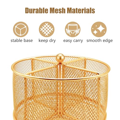 DysanVica 360° Rotating Metal Utensil Caddy - 4 Compartment Silverware Cutlery Holder Rotation Fork Spoon Napkin Organizer Flatware Storage Basket Party Countertop Buffet Picnic Camping Outdoor Gold - color: Gold