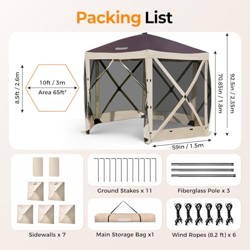 Tecoom 6 Side Pop Up Gazebo Tent, 10x10ft Waterproof Instant Screen with Mosquito Netting, Portable Outdoor Canopy with 4 Removable Wind Cloths, Sun Shelter for Camping, Garden and Picnics, Khaki - size: 10x10ft
