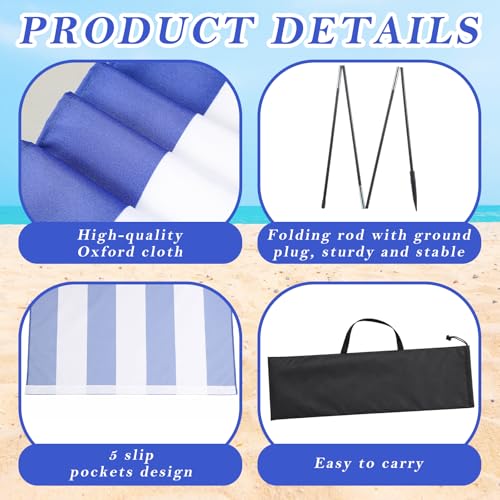 25 x 4 FT Beach Wind Screen Long Blue White Privacy Screen Portable Beach Wind Fence Blocker with 5 Foldable Metal Poles and Carry Bag for Summer Outdoor Sand Protection