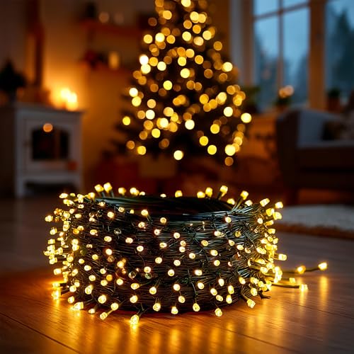 Dazzle Bright Christmas String Lights, 600 LED 196 FT Waterproof Green Wire String Lights with 8 Lighting Modes Timer, Christmas Decorations Outdoor for Party Yard Garden Xmas Tree Decor, Warm White - color: Warm White, size: 600 LED