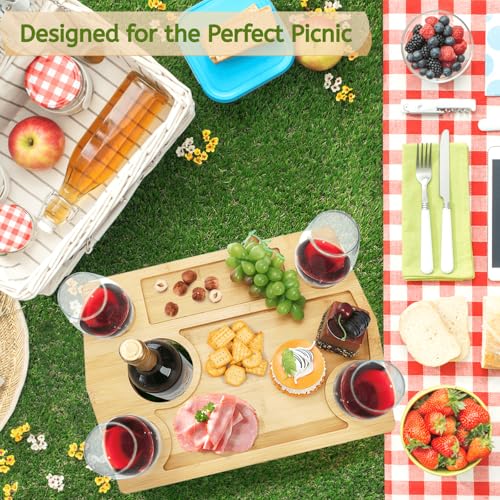 Youeon Portable Wine Picnic Table with Glass Holder, Foldable Durable Picnic Charcuterie Board, Small Wine Table Snack & Cheese Tray for Picnic, Beach, Camp, Park, Wine Lover Gift