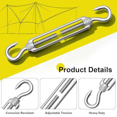 6Pcs M6 Hook & Hook Turnbuckle, 304 Stainless Steel Shade Sail Hardware Kit, Heavy Duty Wire Rope Tensioner, Bright Finish, Antirust, for Sun Shade Sail & Cable Railing - color: Silver, size: M6-6PCS