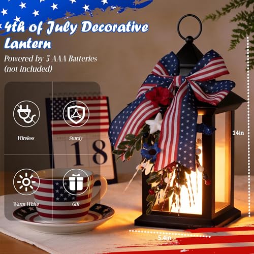 JOIONE Lanterns Decorative Indoor for 4th of July, 2 Pack 14" 250th Anniversary Patriotic Red White Blue Hanging Lantern with Timer, Battery Operated Waterproof Independence Day Outdoor Porch Decor - style: Patriotic Decorative Lantern
