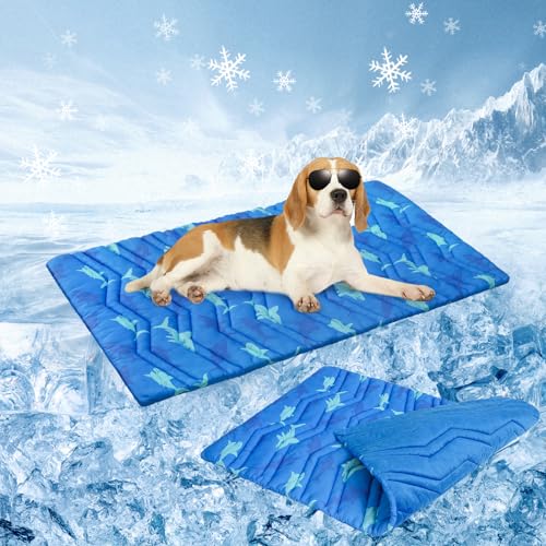 BEAUTYZOO Dog Cooling Mat- Upgraded Thicken Cooling Mat for Large Dogs Reversible(Cool & Warm) Pet Ice Cool Bed Washable & Portable, Summer Crate Pad for Big Dog Puppy Up to 44 lbs, Shark Blue 36X23IN - color: Shark Blue, size: 36.0"L x 23.0"W x 1.0"Th(M)