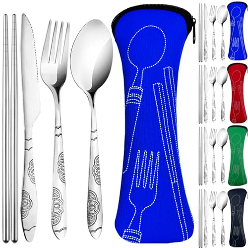 20PCS Premium Travel Utensils With Case, Stainless Steel Reusable Portable Utensils Set With Case, Lengnoyp Travel Silverware Set With Case for Lunch Box Camping, Silver - color: Thin Red blue green black
